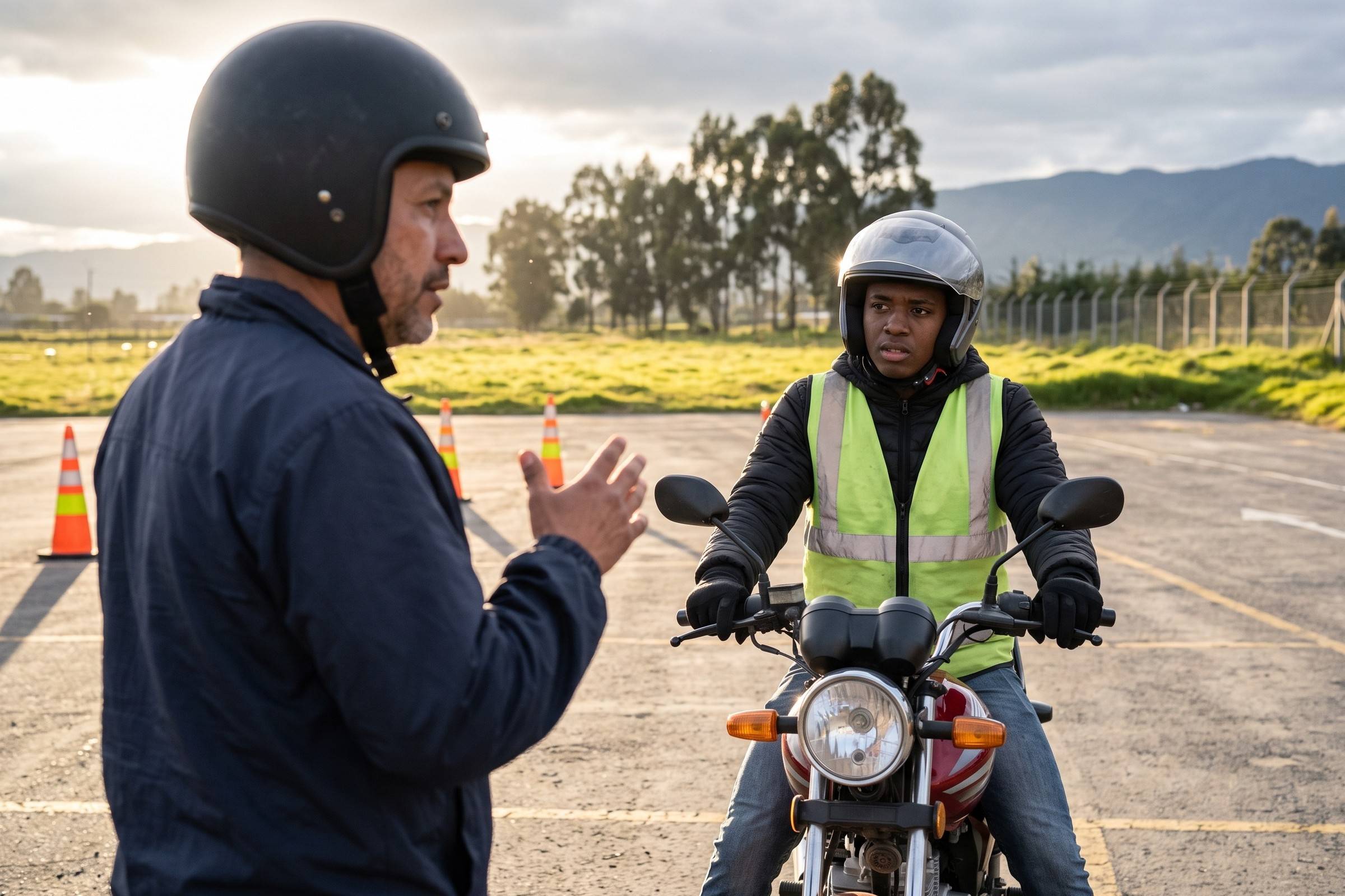 Instructor con casco conversa con un alumno sentado en una moto de la escuela al atardecer
