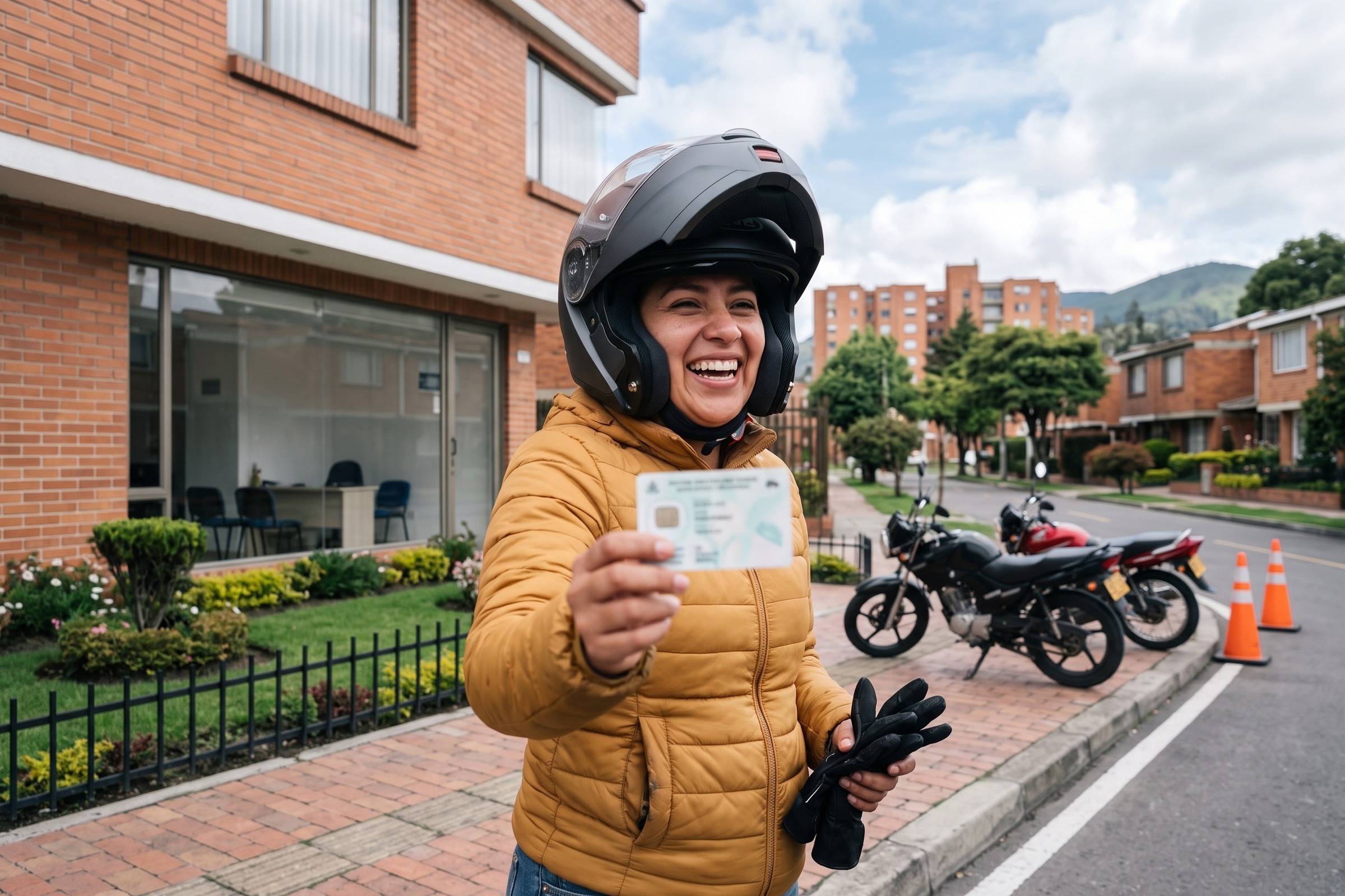 Alumna sonriente con casco muestra su nueva licencia de moto frente a la sede de la academia