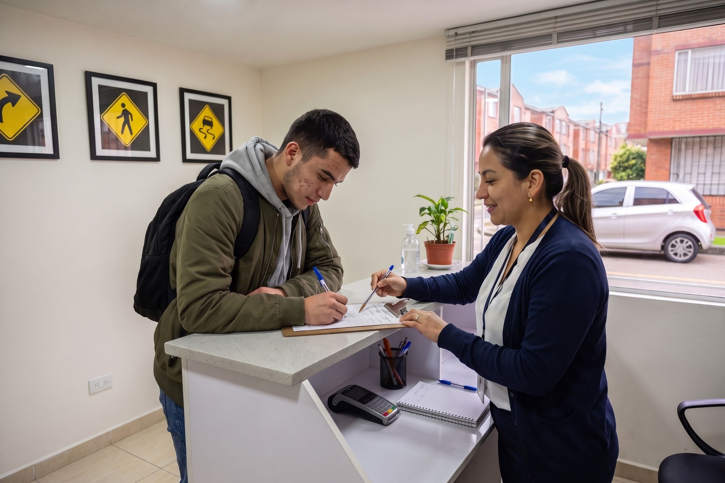 Alumno firma el formulario de matrícula en la recepción de la sede, atendido por una asesora