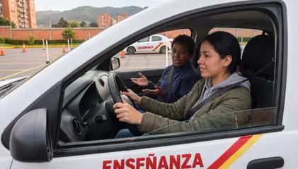 Imagen ilustrativa de una alumna al volante con su instructora en un carro detenido en una pista de Bogotá