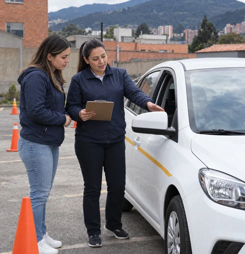Imagen ilustrativa de una instructora y una alumna revisando un carro en un patio de prácticas de Bogotá