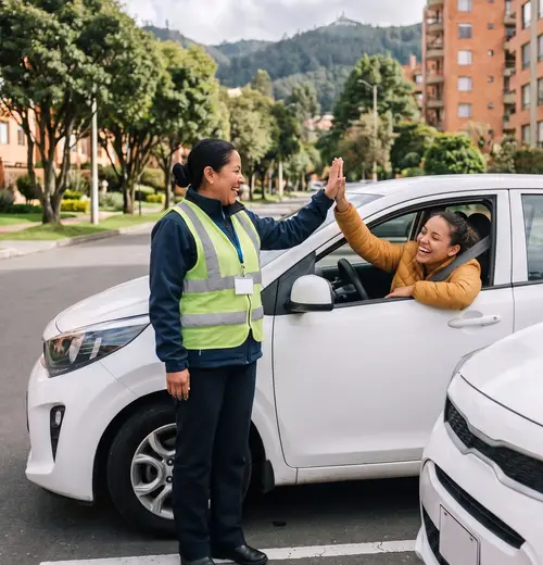 Imagen ilustrativa de una instructora y una alumna revisando un carro en un patio de prácticas de Bogotá