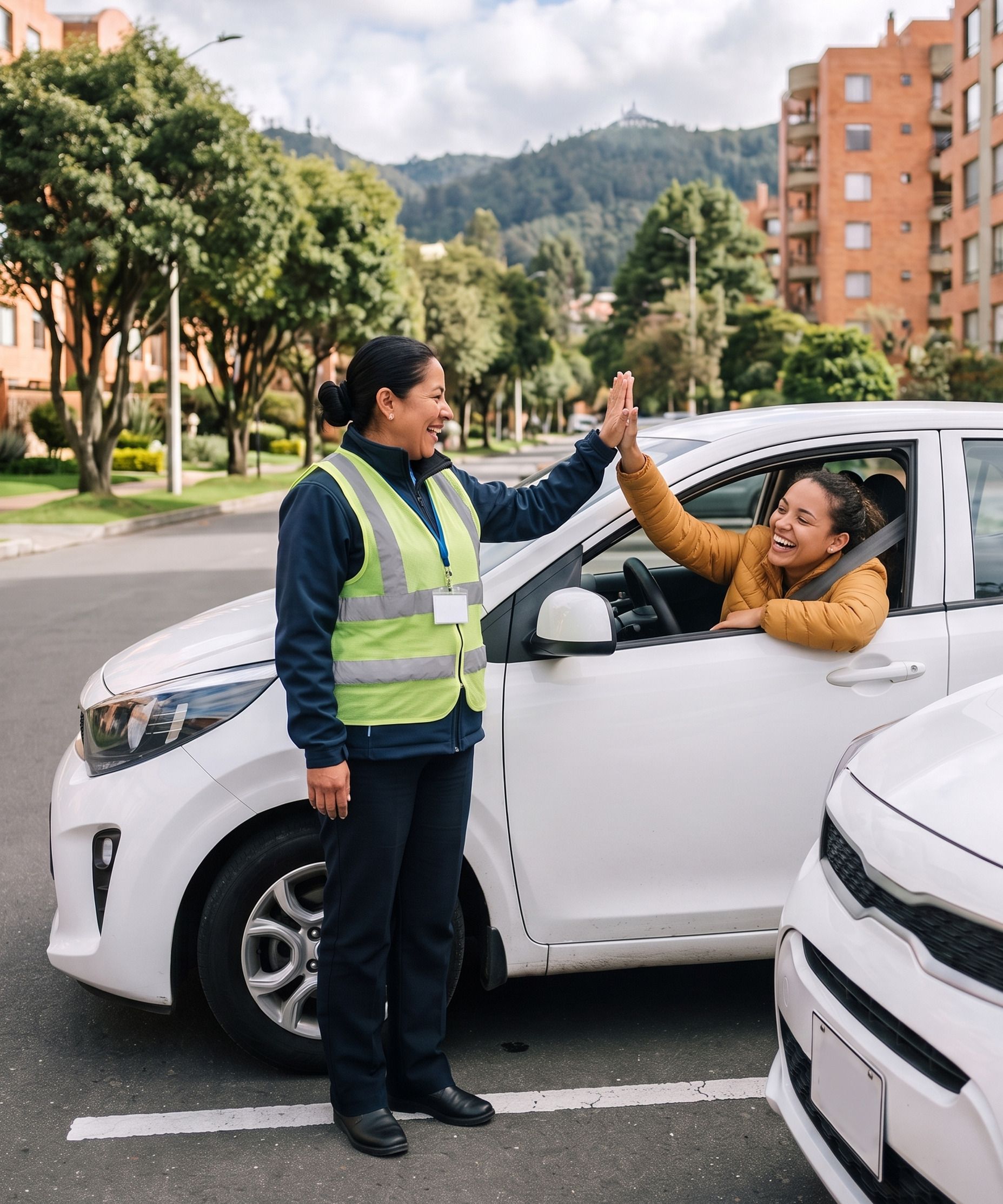 Imagen ilustrativa de una instructora y una alumna revisando un carro en un patio de prácticas de Bogotá