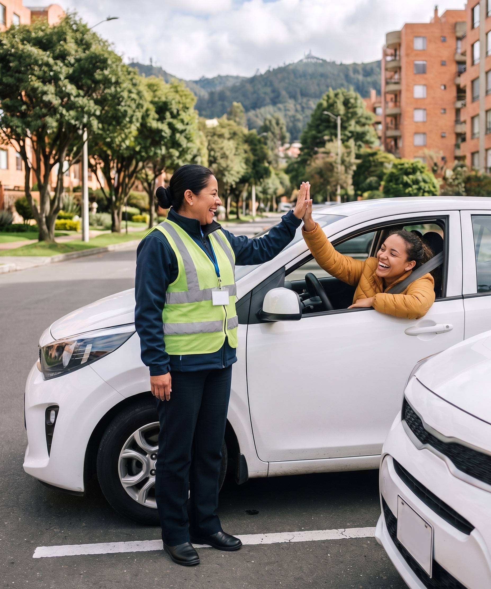 Imagen ilustrativa de una instructora y una alumna revisando un carro en un patio de prácticas de Bogotá