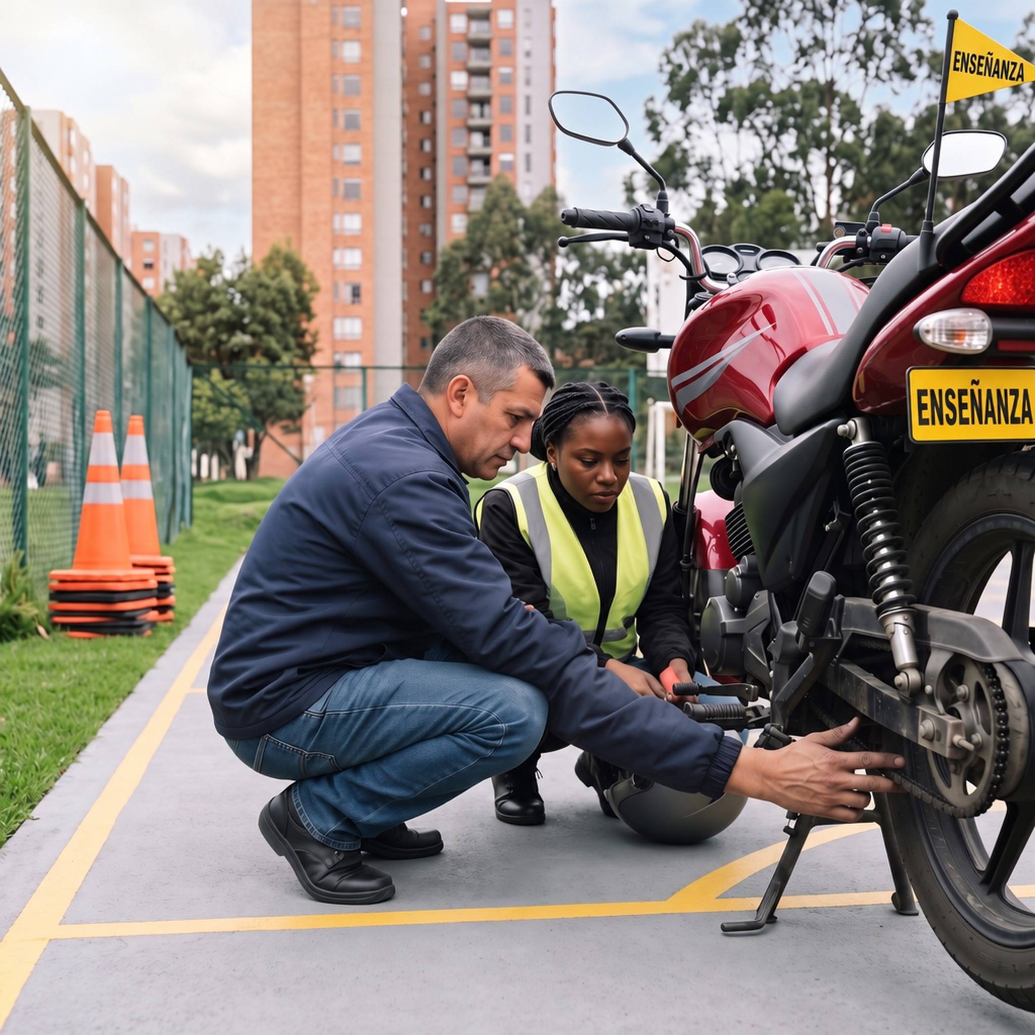 Instructor y alumna revisan la cadena y el freno trasero de una moto en un parque de Bogotá