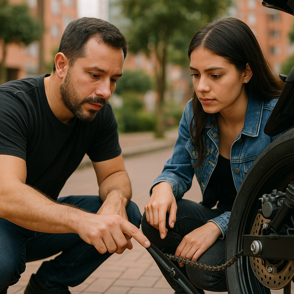 Instructor y alumna revisan la cadena y el freno trasero de una moto en un parque de Bogotá