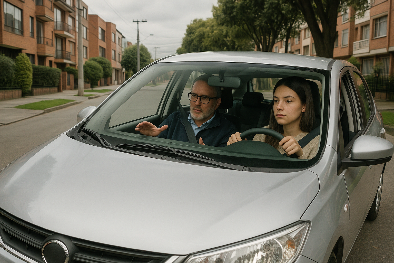 Alumna al volante de un carro de academia con su instructor, en una calle residencial de Bogotá
