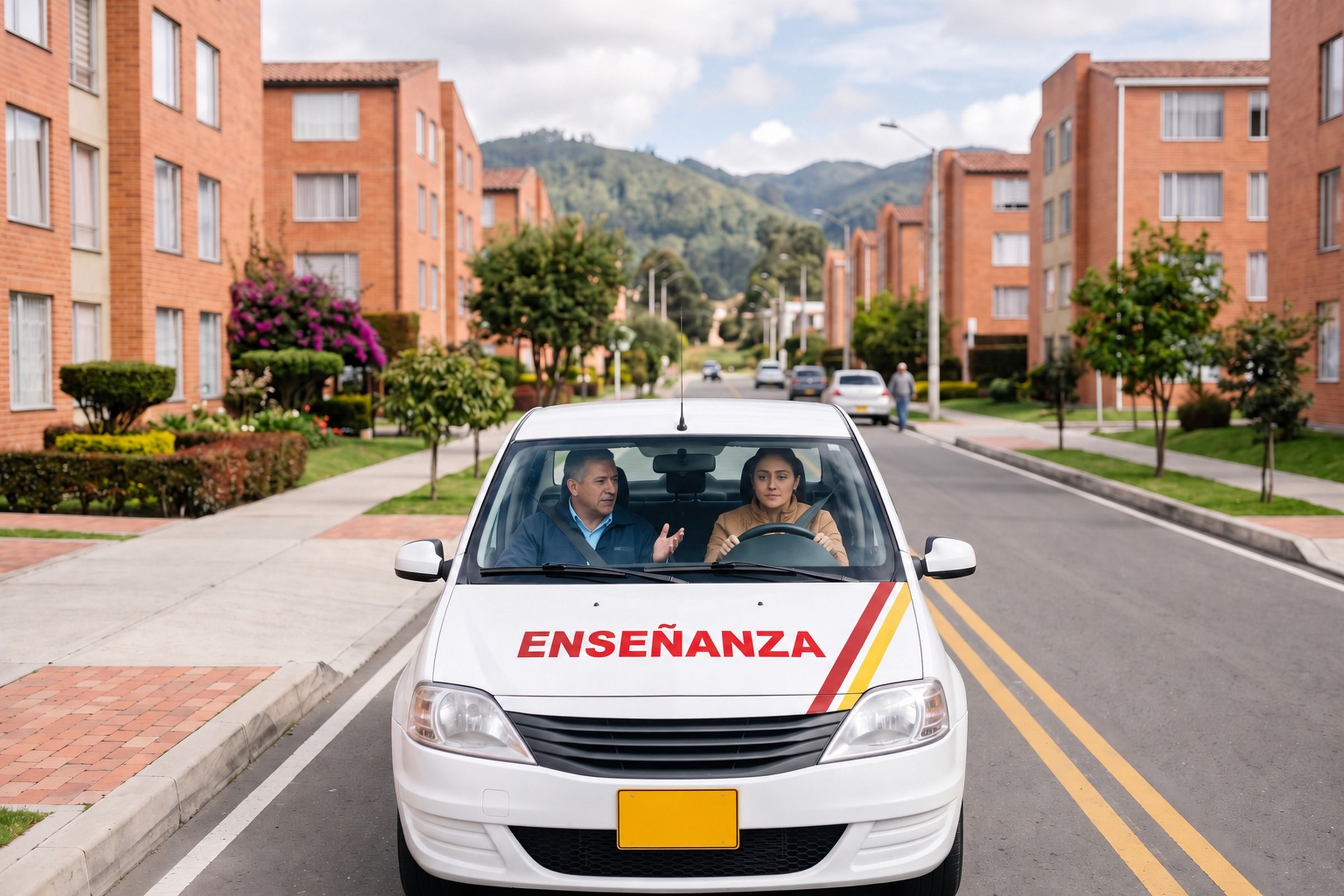 Alumna al volante de un carro de academia con su instructor, en una calle residencial de Bogotá